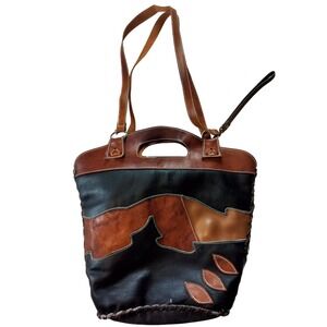 Handmade Leather Baseball Glove Repurposed Tote Bag Womens Brown Black Patchwork